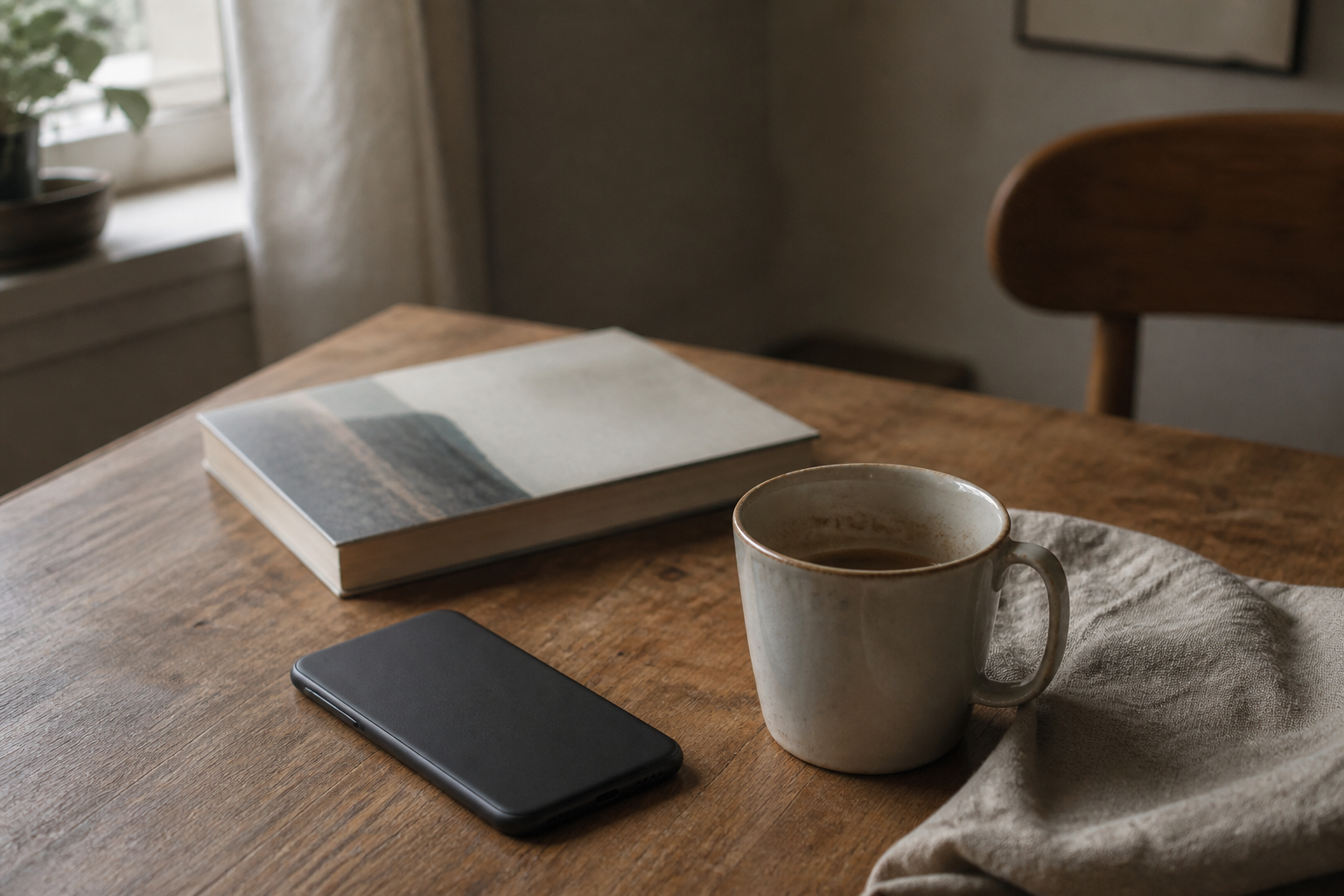 A phone lying face-down on a kitchen table beside coffee and a closed book, morning light from a window.